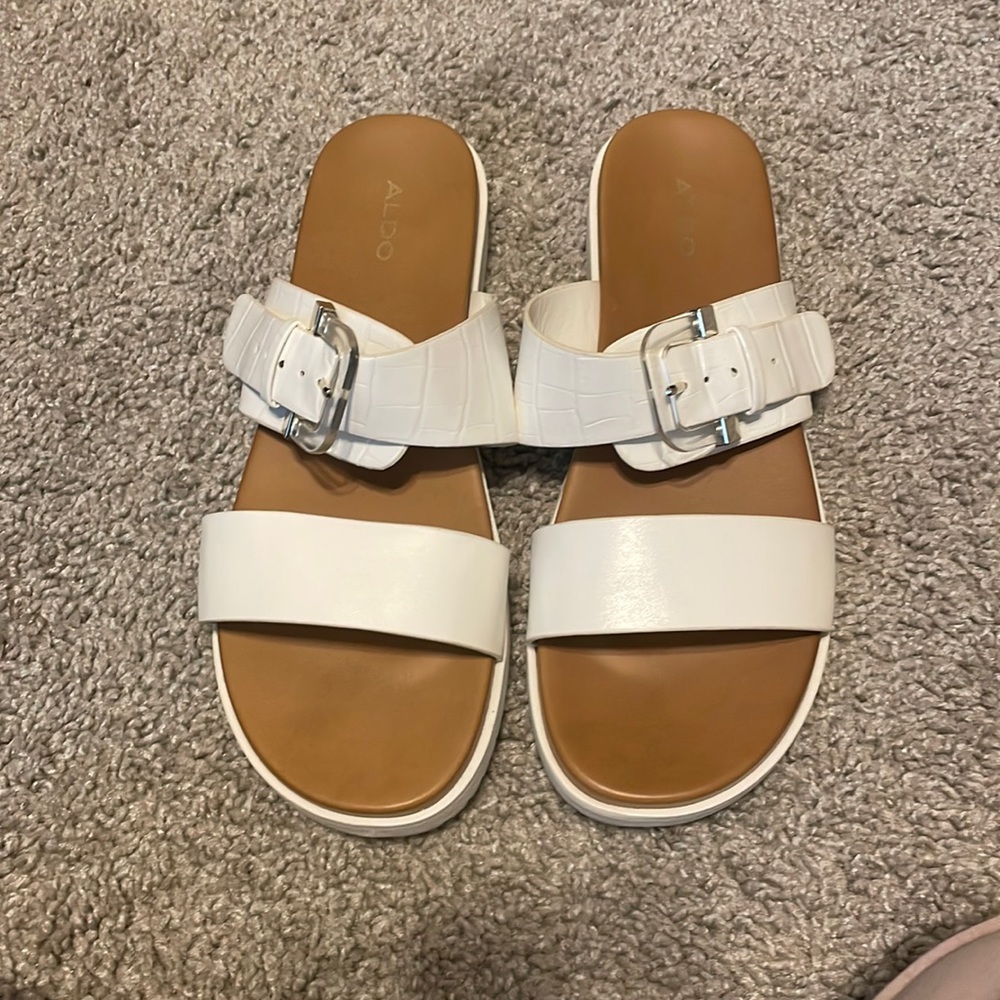 Aldo double strap slip on sandals, white. Never worn. Size 8.5